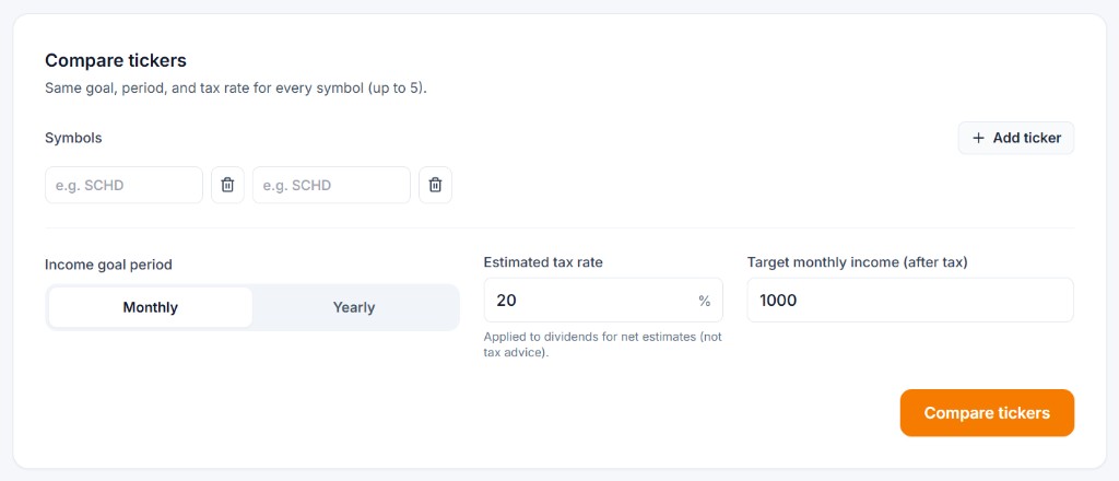 Dividend Income Goal Calculator compare-tickers form preview