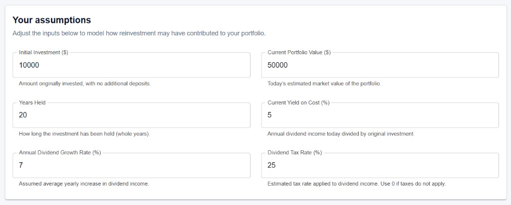 Dividend Snowball Calculator assumptions form preview